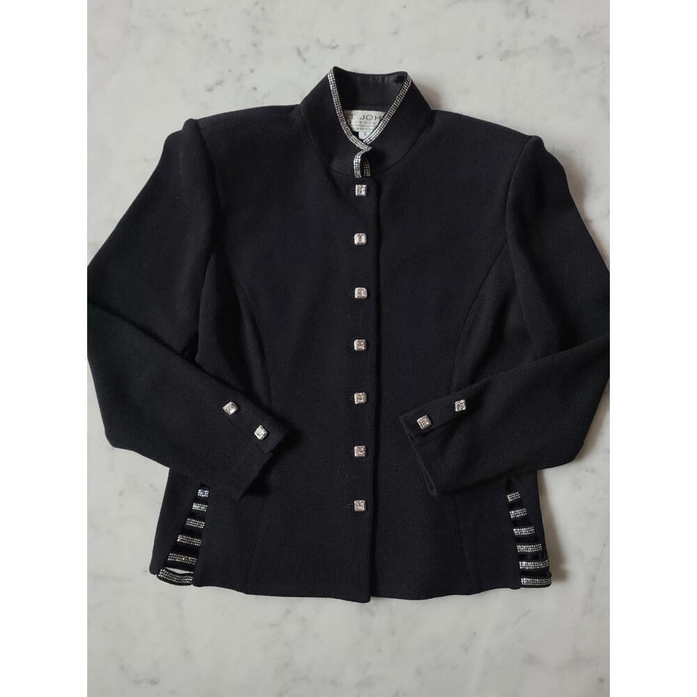 St John Evening Jacket Black Knit Crystal Bling Details Old Money Posh USA Sz 6